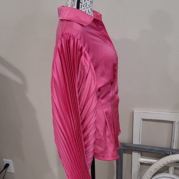 Hot Pink Satin Women SZ Sm Button down pleated balloon sleeve blouse rave disco - Picture 6 of 12